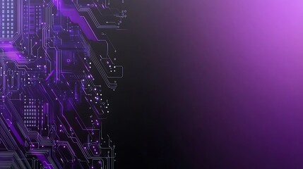 Obraz premium Abstract purple circuit board pattern on black and purple gradient background with copy space.