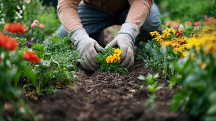 Fototapeta premium ardent commitment shown by a volunteer tirelessly working in a community garden, planting flowers and nurturing the soil