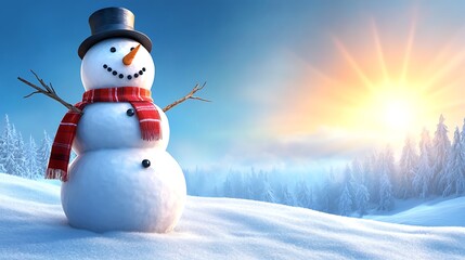 Fototapeta premium A snowman standing proudly at the top of a snowy hill, overlooking a vast, snow-covered valley below. The snowman is wearing a red scarf and top hat,
