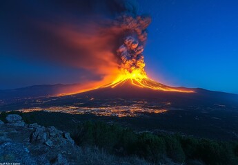 Fototapeta premium Fiery Volcano Eruption in Night Sky Spectacle