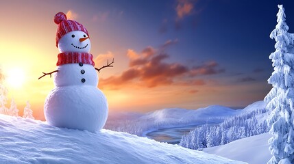 Obraz premium A snowman standing tall on a snow-draped hilltop, overlooking a valley filled with frozen rivers and snow-capped trees. The snowman wears a knitted hat and mittens,
