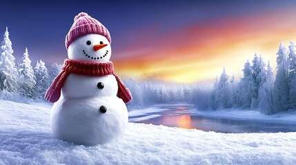 Obraz premium A snowman standing tall on a snow-draped hilltop, overlooking a valley filled with frozen rivers and snow-capped trees. The snowman wears a knitted hat and mittens,