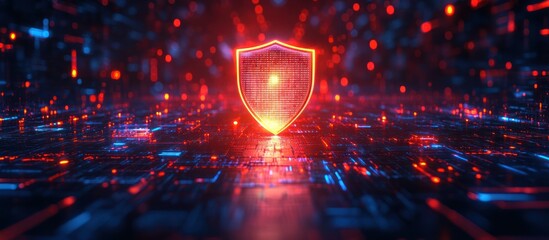 A glowing red shield stands in front of a dark, futuristic background with abstract lines.