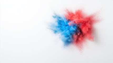 Fototapeta premium Vibrant explosion of blue and red powder against a white background.