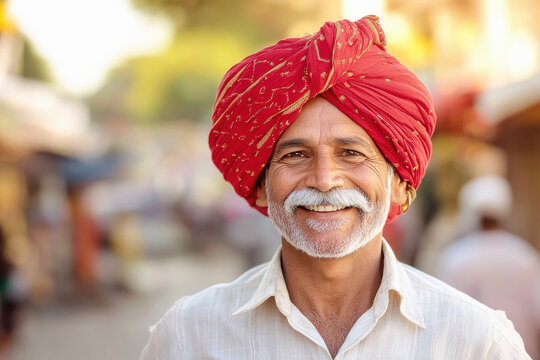 A smiling Indian man with a mustache wearing a traditional red turban and , front view, with an Indian street in the background. - Powered by Adobe
