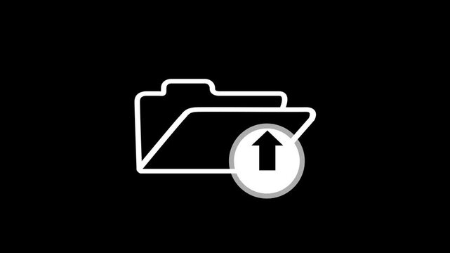 Document file upload or transfer process with arrow icon animation. Simple download white folder icon on black background