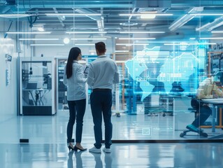 Two Business People Looking at a Digital World Map