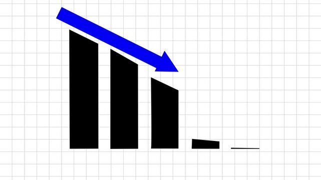 Abstract decreasing business graph black bars with blue arrow animation background. Bad economy recession graph chart on white background with grid