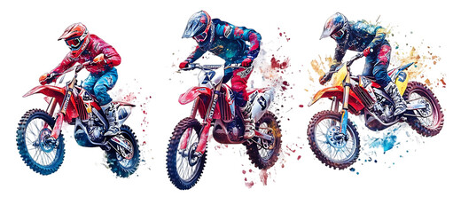 three set of Vibrant colorful motocross rider with artistic designs isolated transparent background
