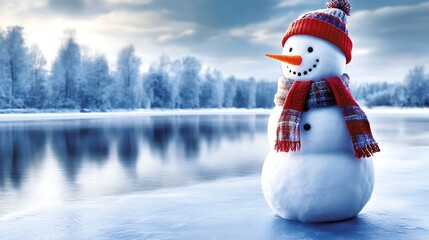Fototapeta premium A snowman with a bright orange carrot nose standing by a frozen lake, wearing a cozy red scarf and mittens. The lake reflects the snowman and the cloudy sky above,