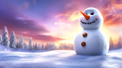 A snowman with a carrot nose and button eyes, standing on a snowy hill, watching the sunset. The sky is a brilliant mix of pinks, purples, and oranges,