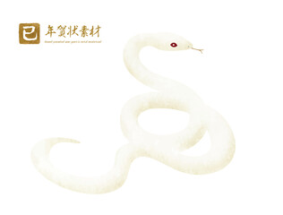 手書きタッチの白蛇の年賀状素材