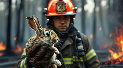 A firefighter holds a rescued forest hare in his arms against the background of a burning forest.