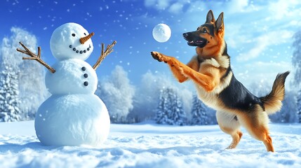 A snowman with twig arms outstretched, holding a snowball, while a playful dog, a German shepherd, jumps up to catch it. The scene is set in a snowy backyard,