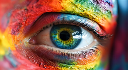 The human eye in the colors of the Holi festival. Festive decoration of the Indian Holi festival.