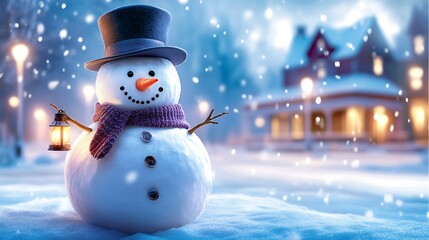 A vintage snowman positioned in front of an old general store in a snow-covered village square, dressed in a woolen coat, top hat, and holding a small lantern.