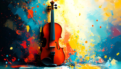 A bright abstract poster with a picture of a violin. An illustrative picture.