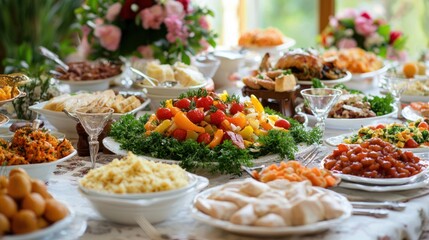 appetite depicted by a beautifully arranged table filled with colorful, mouth-watering dishes during a family feast