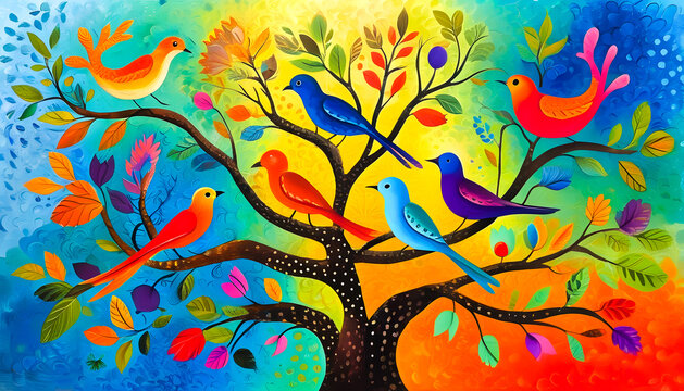 A vividly illustrated image of birds on a tree. Traditional Indian folk art. A gond with a picture of birds.