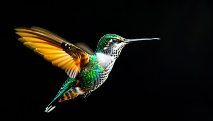 Fototapeta premium A charming hummingbird bird hovering in the dark, with iridescent feathers on a black background.