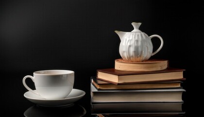 Minimalist Stack of Hardcover Books and Elegant Textured White Mug on Reflective Surface Against Dark Background for Cozy Reading Atmosphere