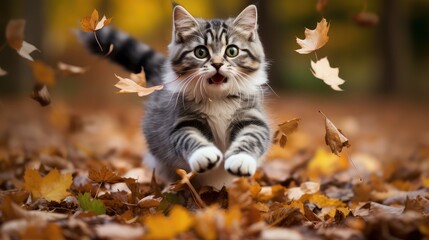 leap cat autumn leaves