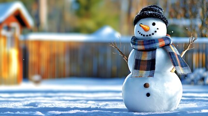 Obraz premium An eccentric snowman standing proudly in a snow-covered yard, featuring sticks for hair, an oversized scarf made of fabric scraps, and a broom hat. The snowman’s eyes are made from acorns,