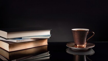 Minimalist Stack of Hardcover Books and Elegant Textured White Mug on Reflective Surface Against Dark Background for Cozy Reading Atmosphere