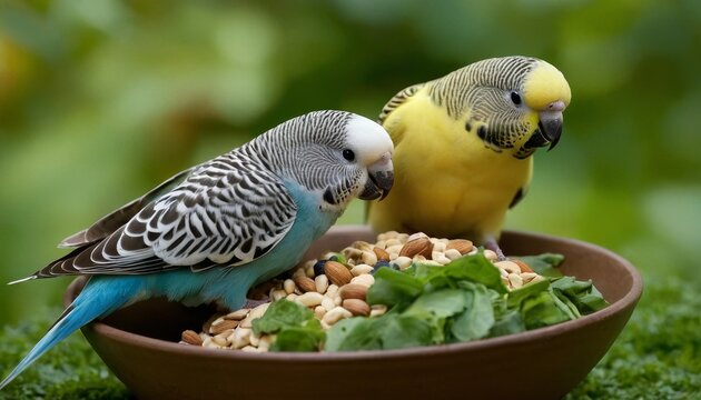 Two colorful budgerigars enjoying a bowl of healthy greens and mixed nuts, highlighting balanced nutrition for pet birds.