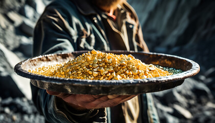 Gold nuggets on a tray in the hands of a man. Gold mining, gold rush.