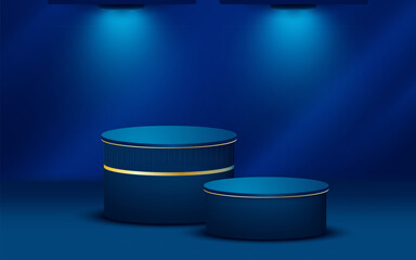 Blue podium background with light neon effects. Product display vector.