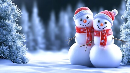 Obraz premium Two snowmen embracing in the middle of a snowy forest, with tall pine trees draped in snow all around them. The snowman couple is wearing matching red scarves and mittens,