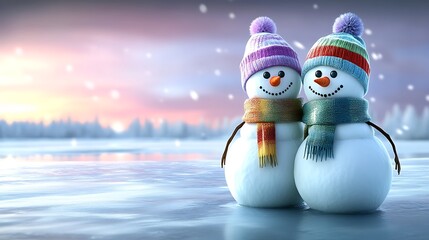 Obraz premium Two snowmen standing side by side, embracing each other in a snowy meadow, wearing colorful scarves and wool hats. The snowman couple looks out over a frozen lake, with a soft,