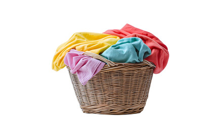 Laundry basket clean clothes cleaning chores housework, clean clothes and Wicker basket with clean laundry isolated on white background