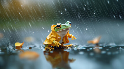 frog wearing raincoat hops through puddles in rain, showcasing playful and whimsical scene. vibrant colors and droplets create cheerful atmosphere