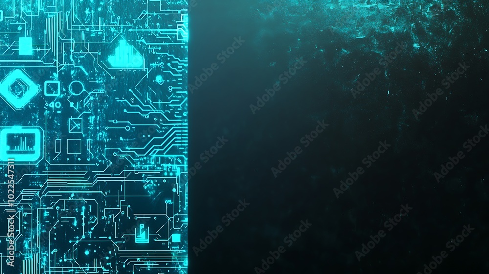 Poster Abstract blue glowing circuit board pattern on a black background with copy space.