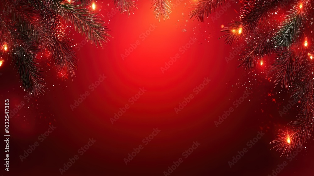Wall mural festive holiday background with sparkling lights pine branches