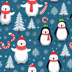 Cheerful penguins and snowy trees create festive winter scene