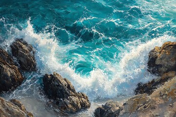 Obraz premium Waves crashing against rocky shore, turquoise water.