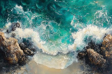Obraz premium Waves crashing against rocky shore, creating foamy spray.