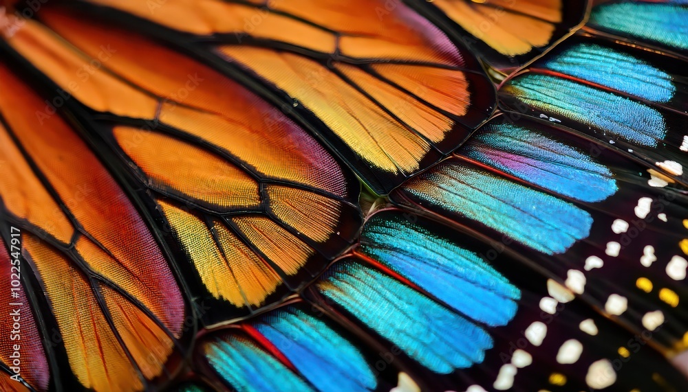 Poster Vibrant Macro Close-up of a Butterfly Wing Displaying a Spectrum of Iridescent Colors and Delicate Veins