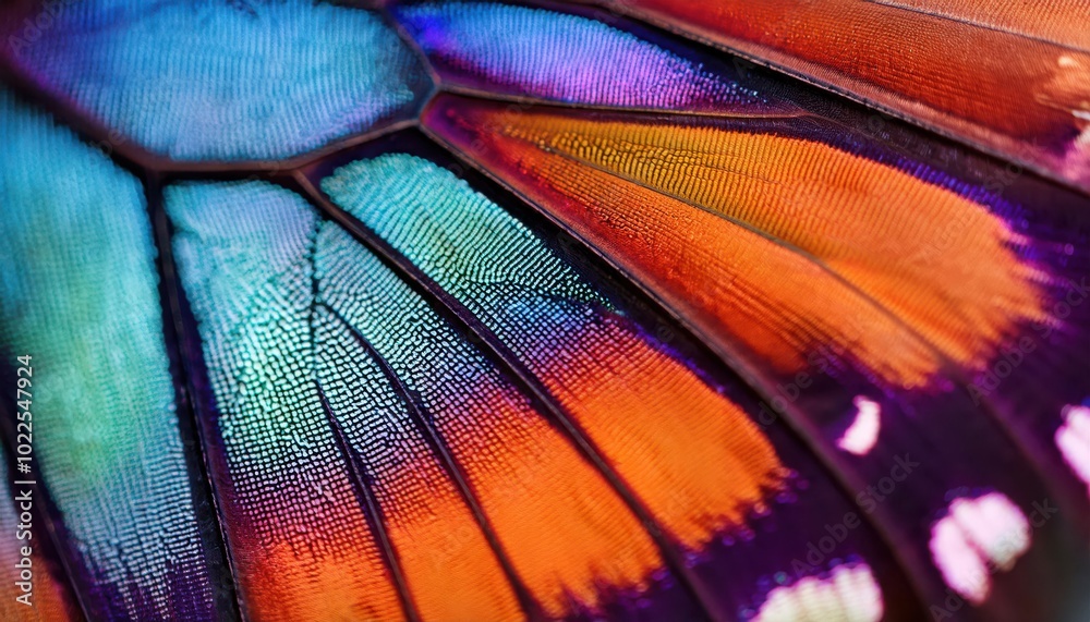 Poster Vibrant Macro Close-up of a Butterfly Wing Displaying a Spectrum of Iridescent Colors and Delicate Veins
