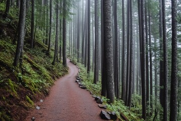 Fototapeta premium Misty trail with tall green trees
