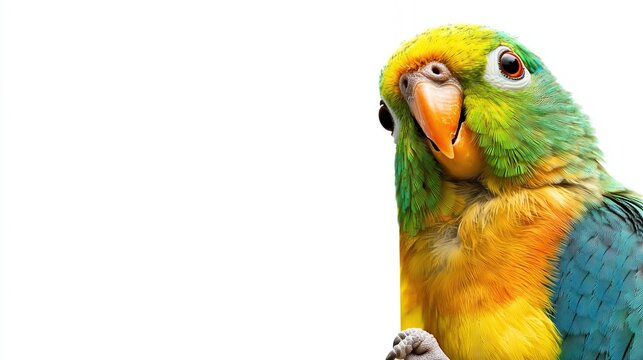 surprised parakeet on white background, with space for text