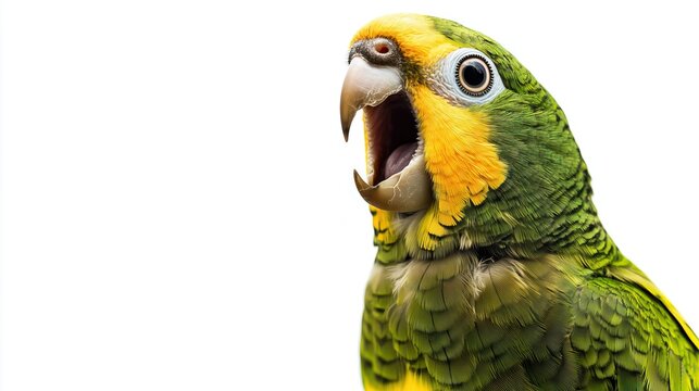 surprised parakeet on white background, with space for text