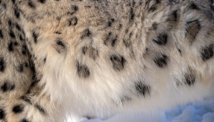 Obraz premium Close-up of Fluffy, Spotted Winter Fur of a Snow Leopard in Natural Sunlight with Soft Focus on Dense White Underside and Subtle Tan, Grey, and Black Markings