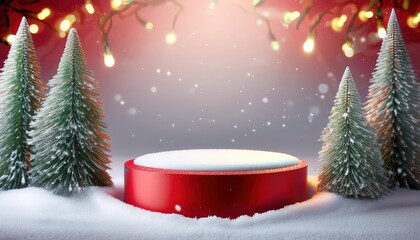 Red podium with snow for presentation with spruce trees, Christmas or New Year's decoration.