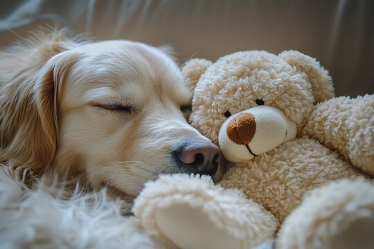 A golden retriever dog sleeps peacefully with a teddy bear.