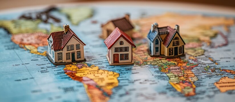 Four miniature houses placed on a world map, representing global real estate, international property, or worldwide housing market.
