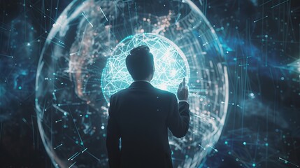 Businessman showcasing futuristic metaverse technology with digital innovation graphics, highlighting advancements in virtual business processing and modern technology trends